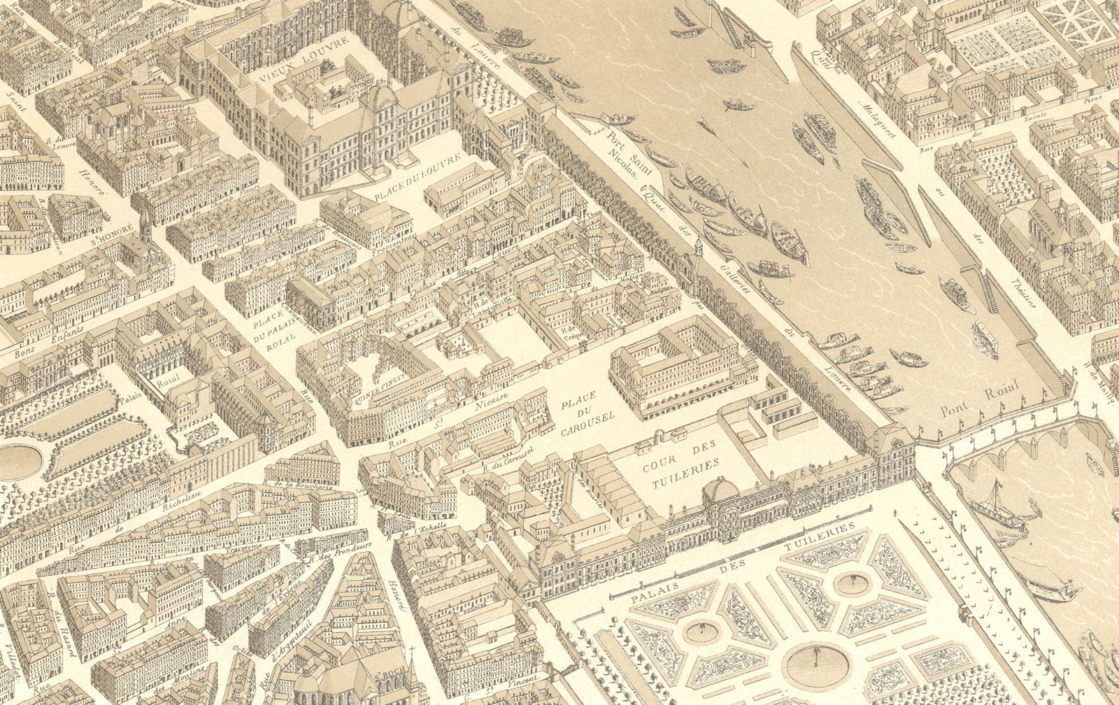 PARIS IN 1730. Louvre Tuileries Palais Royal. Aerial perspective 1876 print